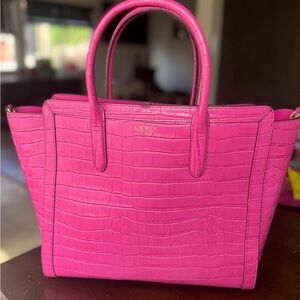 Lauren Ralph Lauren Vibrant Pink Croc-Embossed Tote- New with Protective Bag